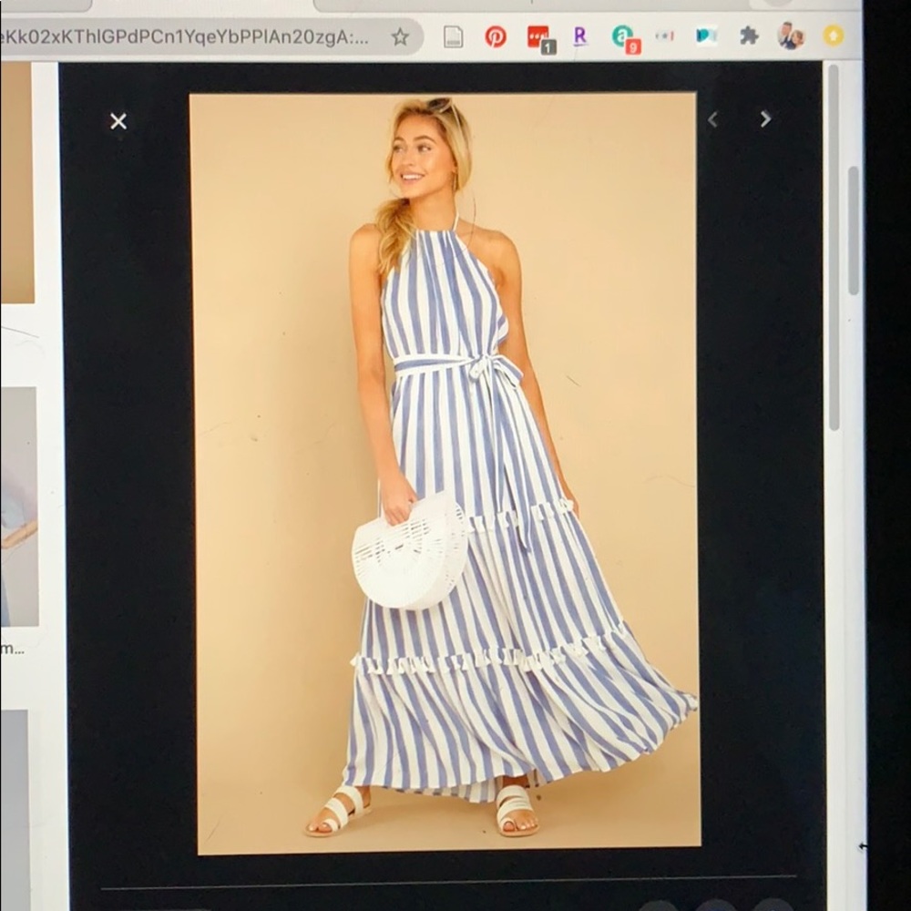 Blue and white striped halter maxi